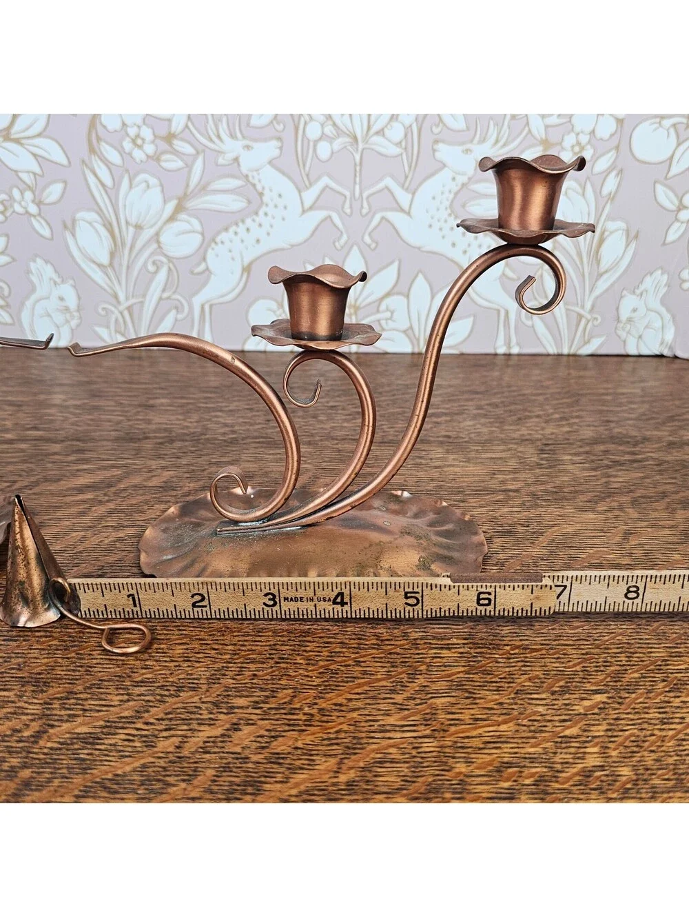 Vintage Gregorian Solid Copper Candle Holders Pair with Candle Snuffer